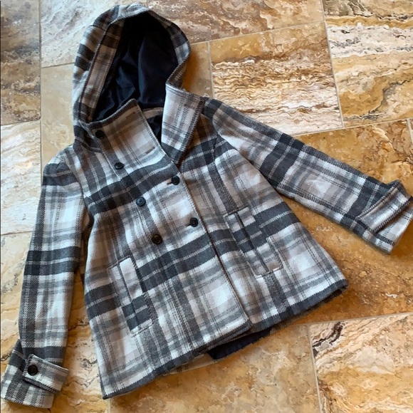 Zara hooded coat charcoal white beige plaid VGUC - Picture 1 of 8